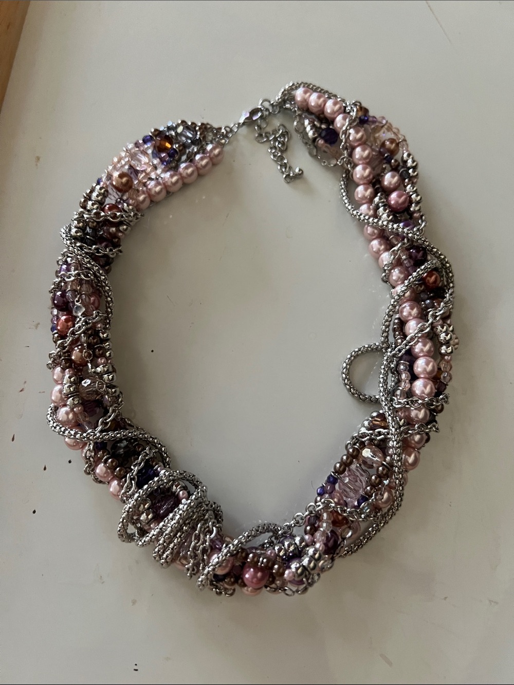 Twisted Pink Pearl & Silver Multi-Strand Necklace